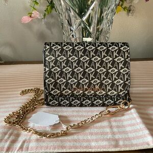 Anne Klein Black and Tan Monogram Wallet on Gold Toned Chain
